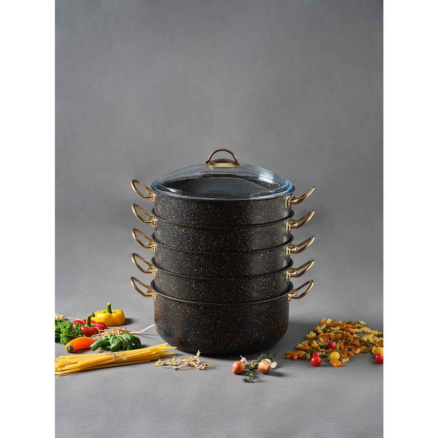 Leydi Granit Mantı Tenceresi Seti 6 Parça Buharlı Pişirici